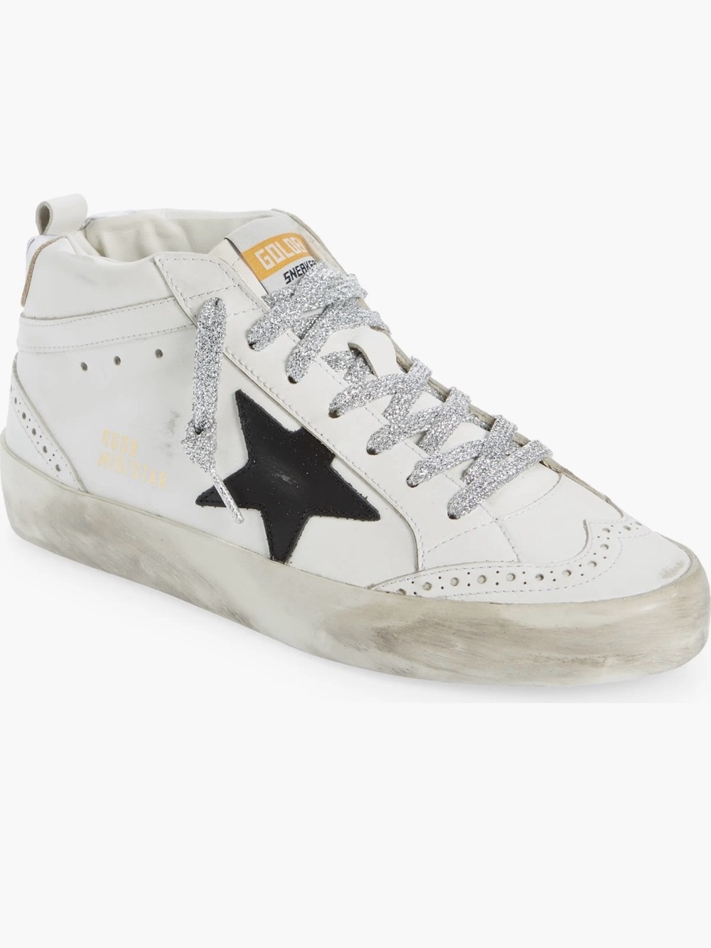 Golden Goose White High-Top Sneaker with Black Star and Silver Laces